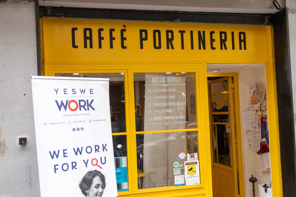 L'ingresso della caffetteria 'Caffè Portineria' dove si terrà l'incontro 'Caffè con YesWeWork' con alcuni giovani talenti Baresi