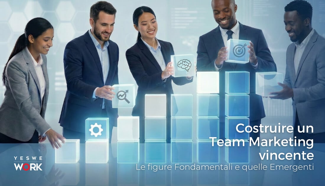 Rappresentazione di un team marketing: Ogni membro aggiunge un pezzo ad un grafico a barre 3D per simboleggiare la crescita